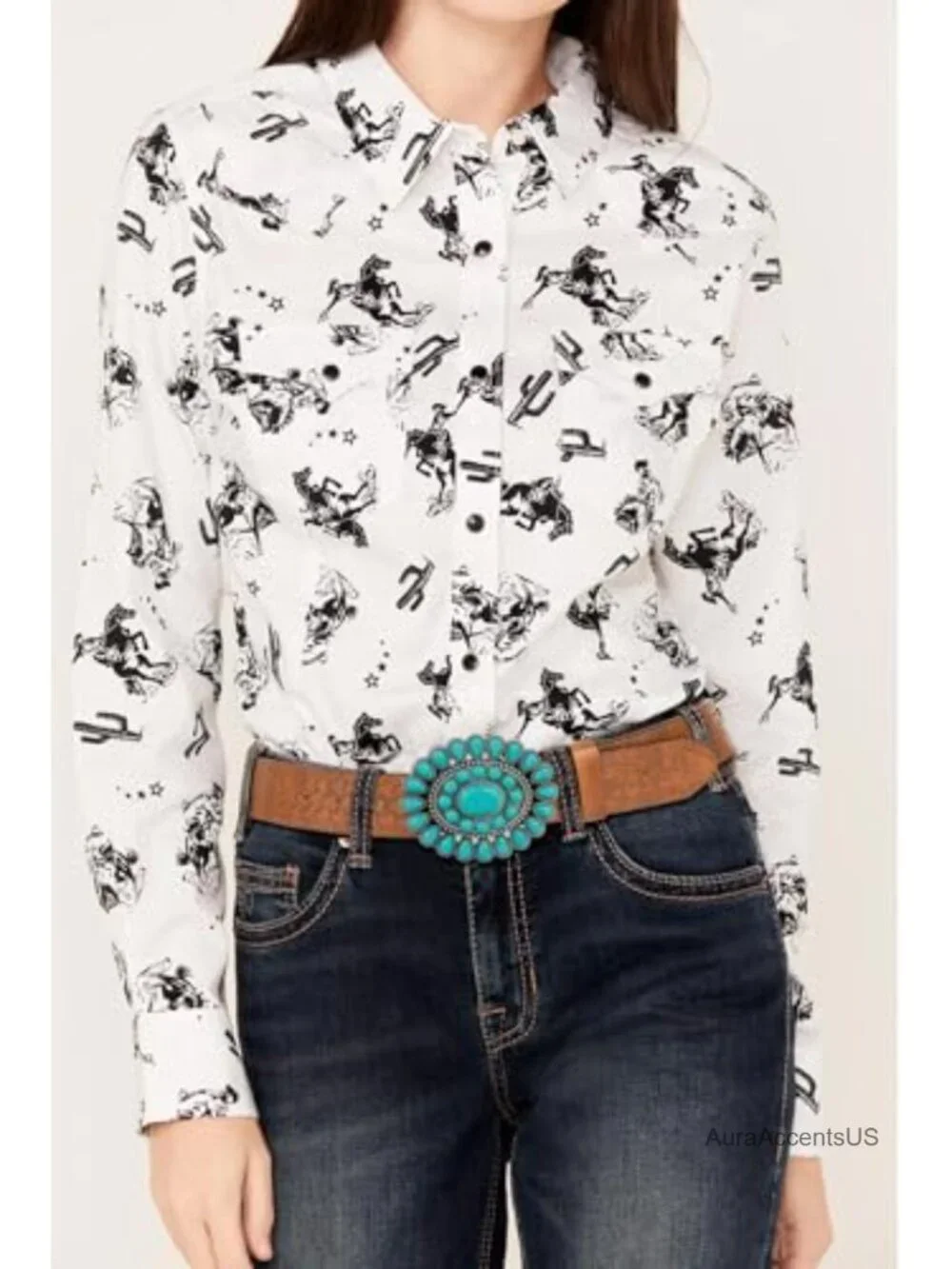 Western Cowgirl PU Leather Belt with Turquoise Buckle for Women Dress Waist